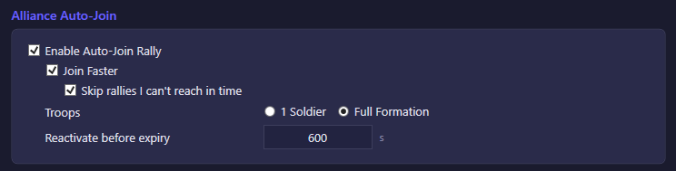 The Alliance Auto-Join section of the Alliance settings tab