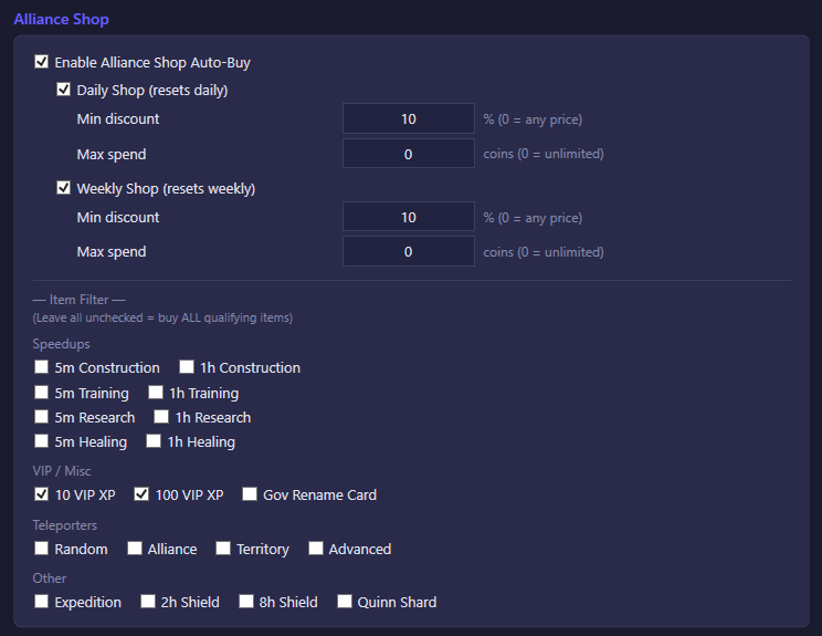 The Alliance Shop section of the Alliance settings tab