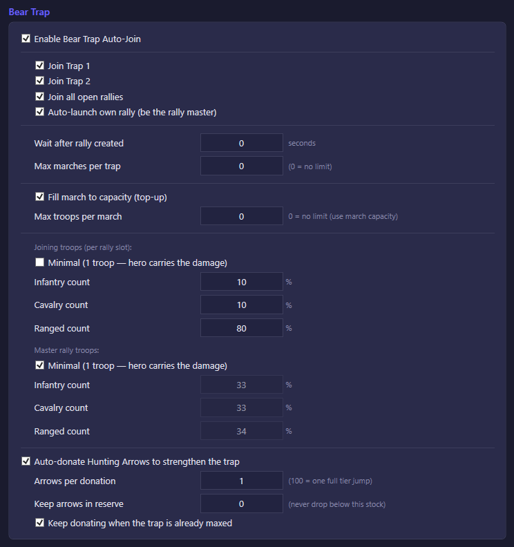 The Bear Trap section of the Alliance settings tab