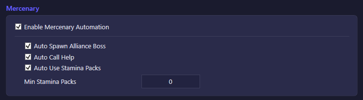 The Mercenary section of the Alliance settings tab