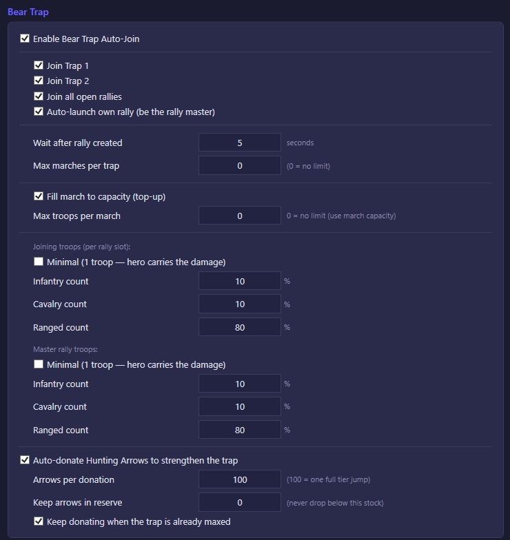 The Bear Trap section of the Alliance settings tab