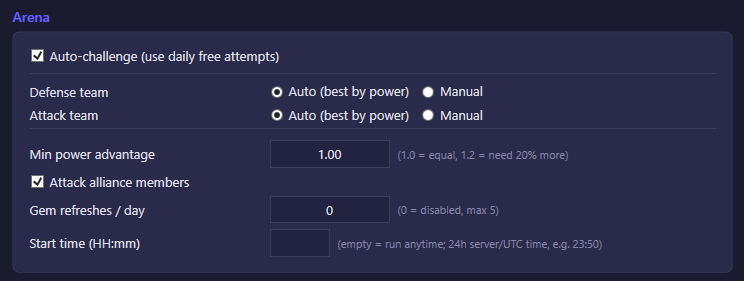 Arena settings with auto-challenge and alliance-attack controls