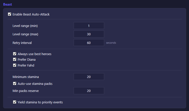 Beast settings with hero preference and stamina-yield controls