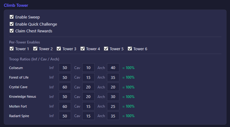 Climb Tower settings with per-tower enables and troop ratios