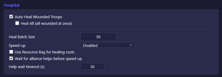 Hospital settings with heal batch size and wait-for-help controls