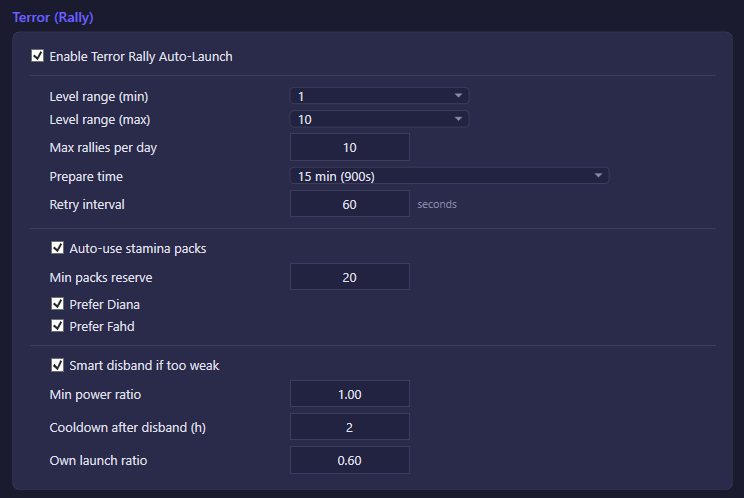 Terror Rally settings with hero preference and smart-disband controls