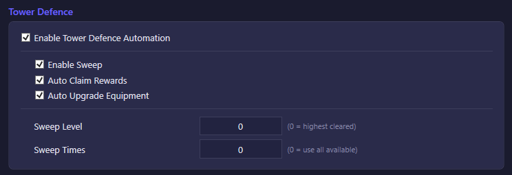 Tower Defence settings with sweep and equipment-upgrade controls