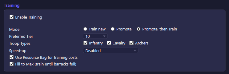 Training settings with mode, tier, and troop-type controls