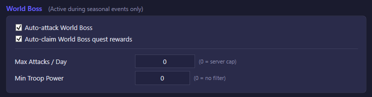 World Boss settings with auto-attack and reward-claim controls