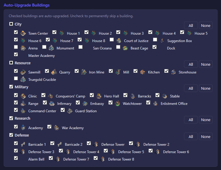 The Auto-Upgrade Buildings section of the Building settings tab