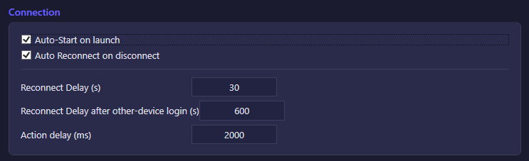 The Connection section of the Connection settings tab