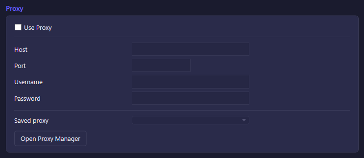 The Proxy section of the Connection settings tab
