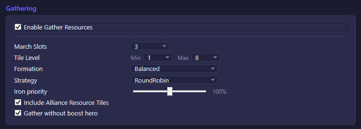 The Gathering section of the Gathering settings tab