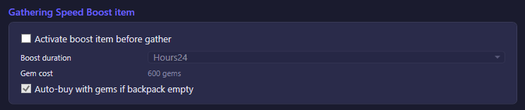 The Gathering Speed Boost item section of the Gathering settings tab