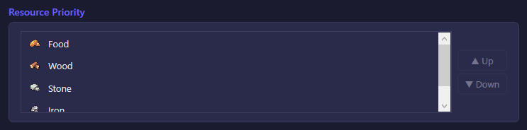 The Resource Priority section of the Gathering settings tab