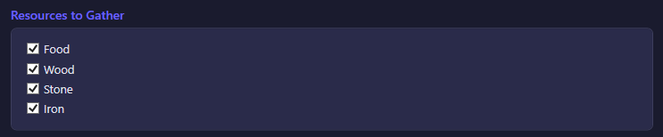 The Resources to Gather section of the Gathering settings tab