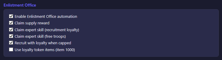 The Enlistment Office section of the City Admin settings tab