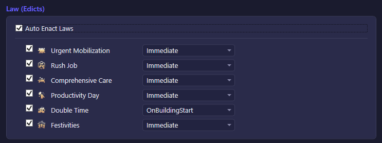 The Law (Edicts) section of the City Admin settings tab