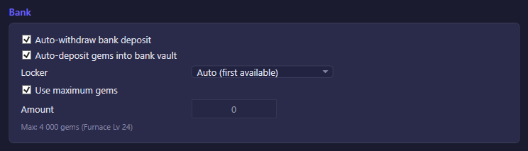 The Bank section of the Daily settings tab