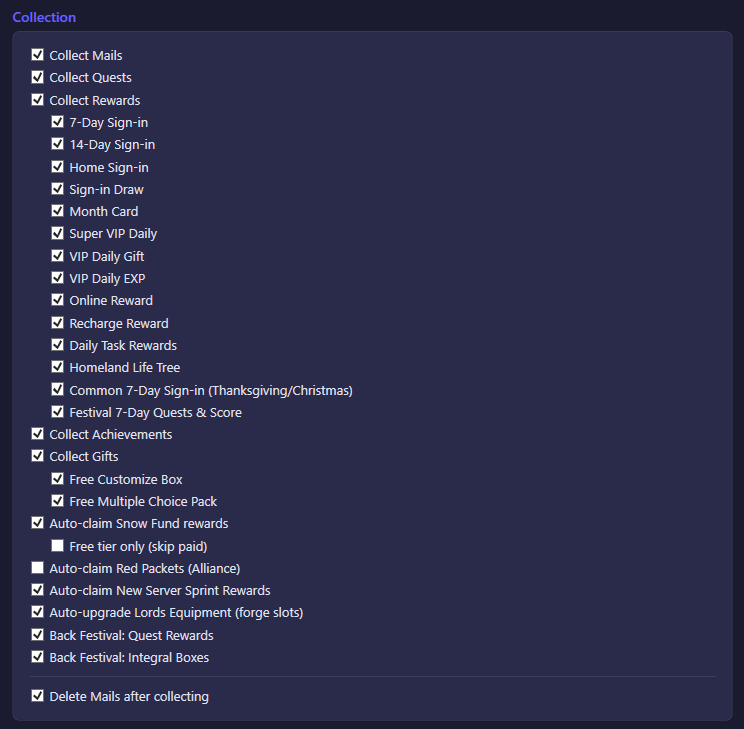 The Collection section of the Daily settings tab