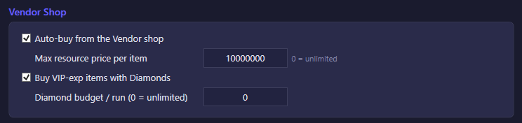 The Vendor Shop section of the Daily settings tab