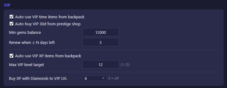 The VIP section of the Daily settings tab