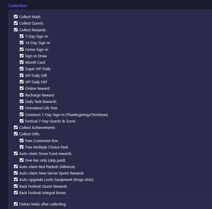 The Collection section of the Daily settings tab