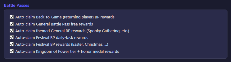 Battle Passes settings