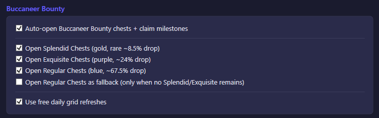 Buccaneer Bounty settings