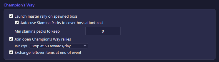 Champion's Way settings