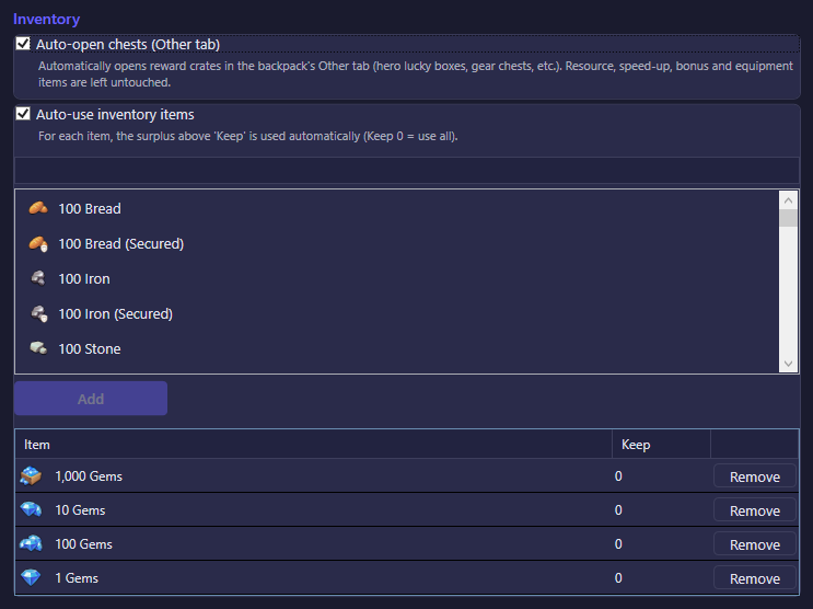The Inventory settings tab