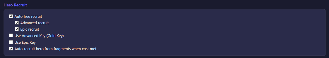 Hero Recruit section of the Heroes settings tab