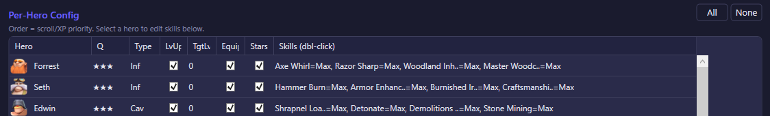 Per-Hero Config section of the Heroes settings tab