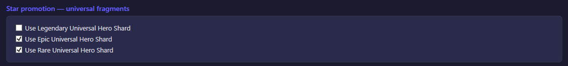 Star promotion universal fragments section of the Heroes settings tab