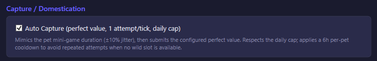 Capture / Domestication section of the Pets settings tab