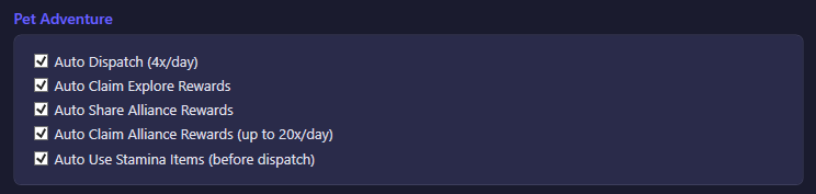 Pet Adventure section of the Pets settings tab
