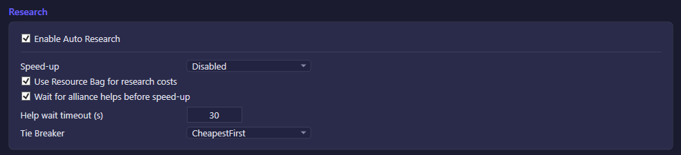 The Research section of the Science settings tab
