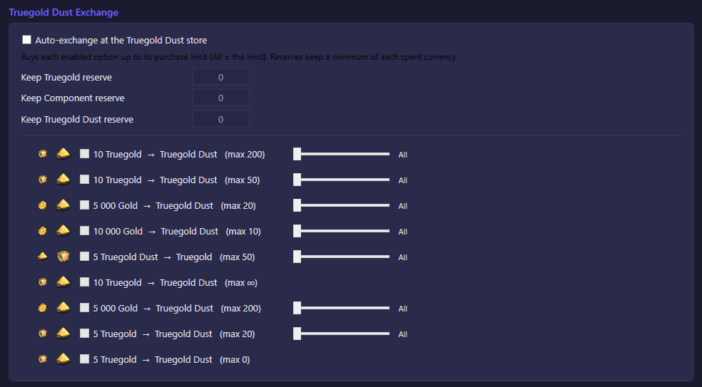 The Truegold Dust Exchange section of the SparScience settings tab