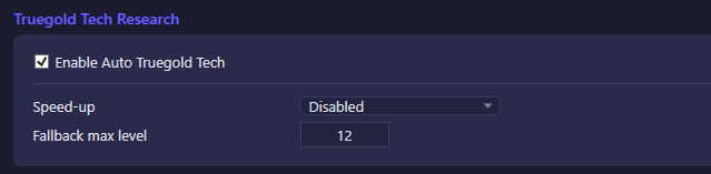 The Truegold Tech Research section of the SparScience settings tab