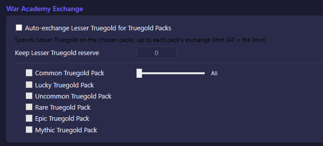 The War Academy Exchange section of the SparScience settings tab