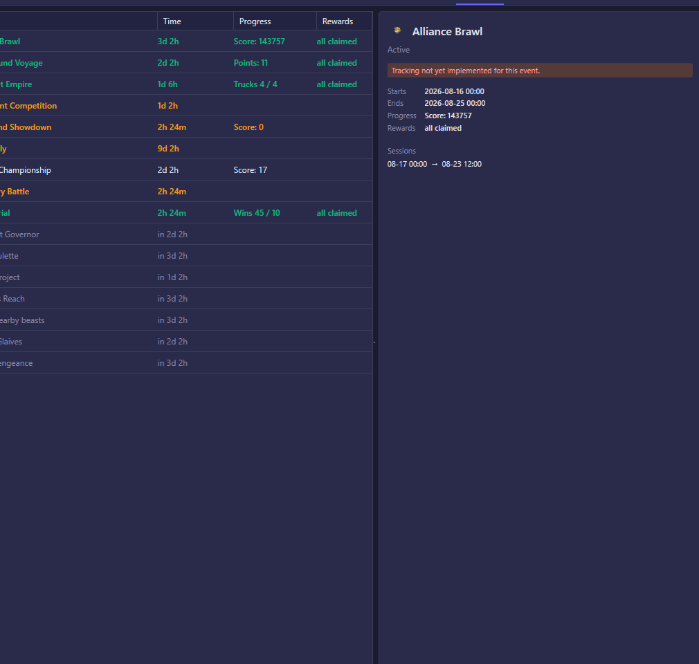 Events tab showing the agenda list and detail pane