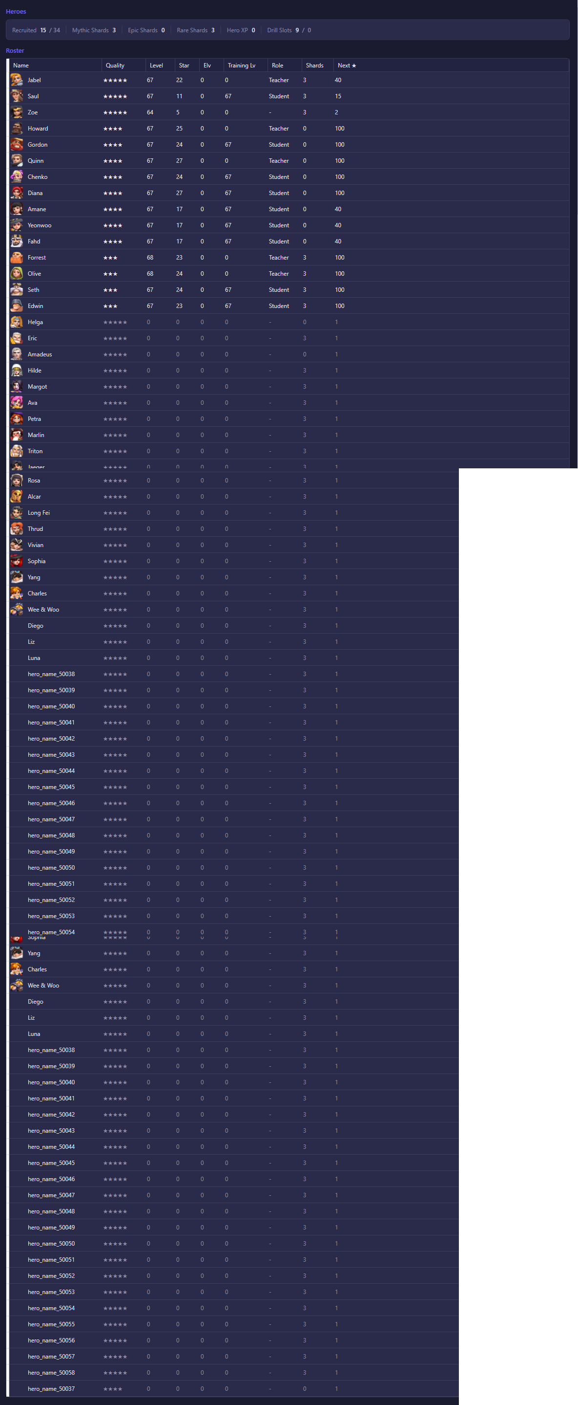 Heroes view showing the recruited count and the hero roster grid