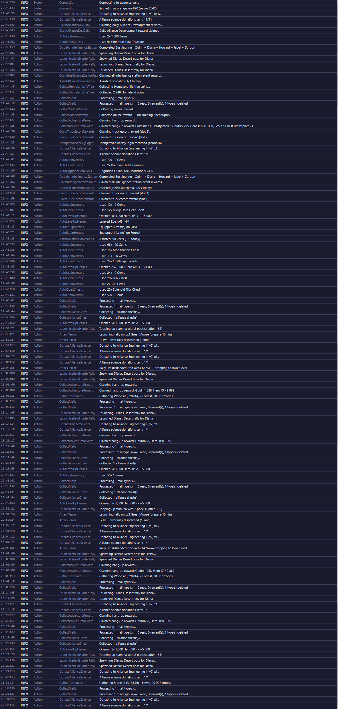 The Log view showing a filterable, scrolling feed of bot events