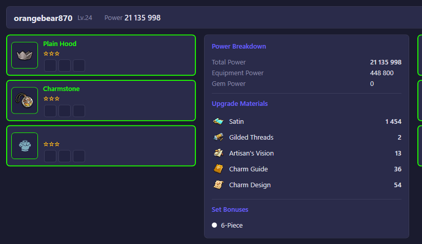 Lords view showing equipment slots, power breakdown, and materials