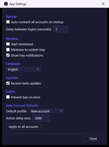 App Settings window showing startup, window, language, updates, safety, and new account default options