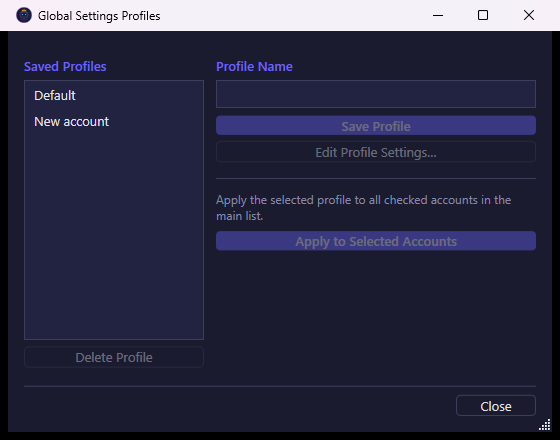 Global Settings window showing the saved profiles list and profile actions