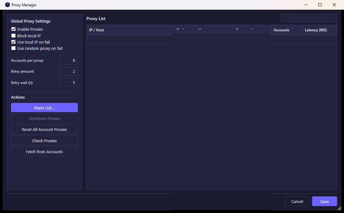 Proxy management window with the proxy list and global settings panel