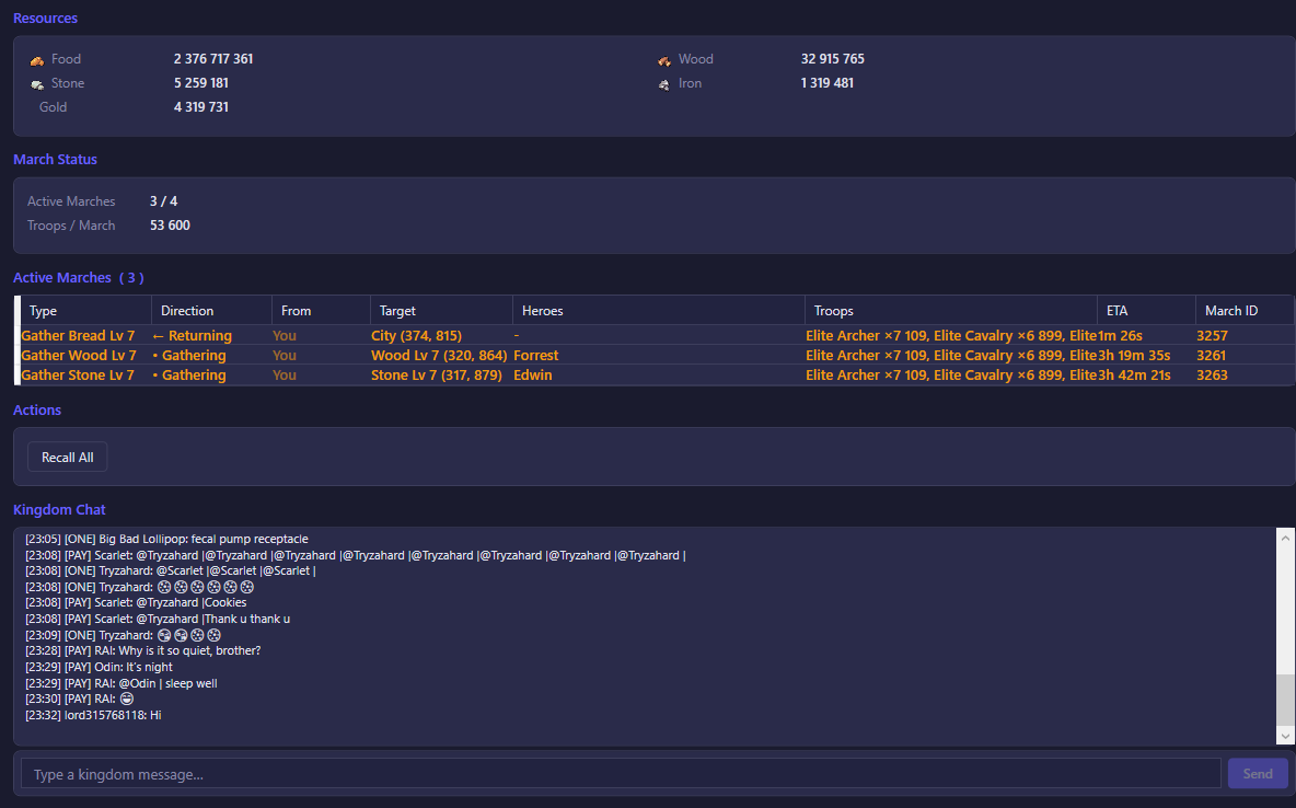 The Resources / Map view showing resource totals, march status, the active marches table, and kingdom chat